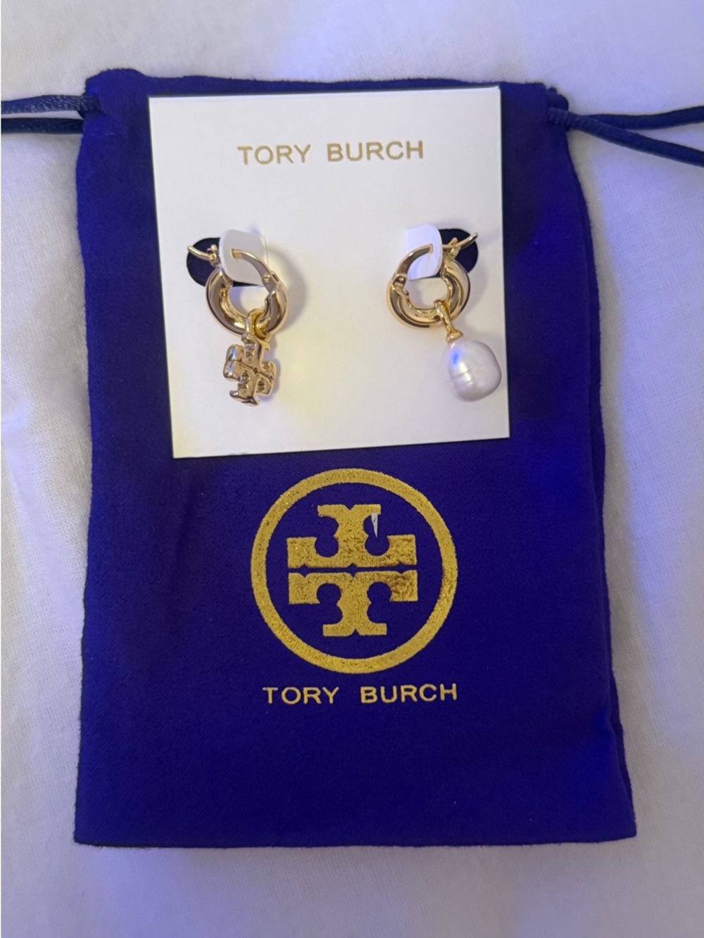 Tory Burch Mismatched Kira Gold-Tone Hoop Earrings with Pearl Drop & Logo Charm